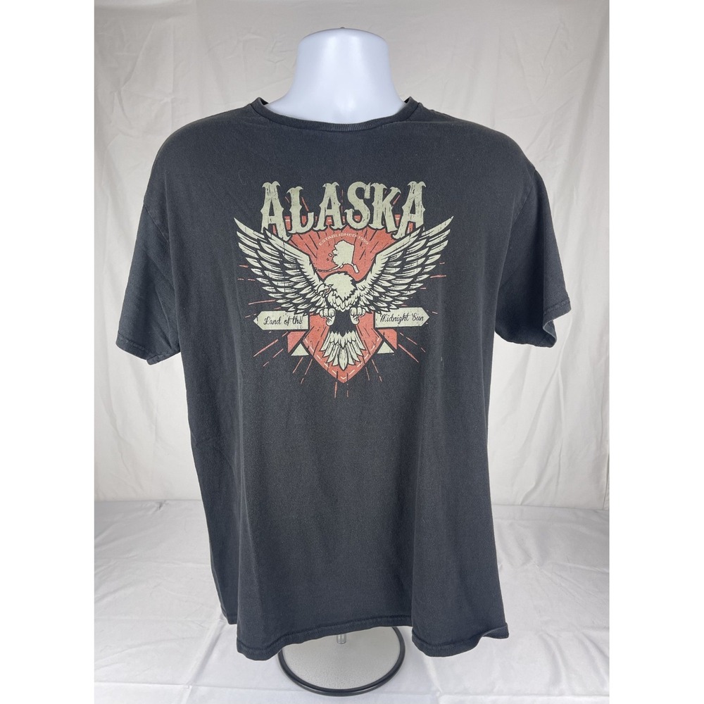 ALASKA LAND OF MIDNIGHT SUN EAGLE GRAPHIC T SHIRT BLACK TOOURIST TEE MENS LARGE